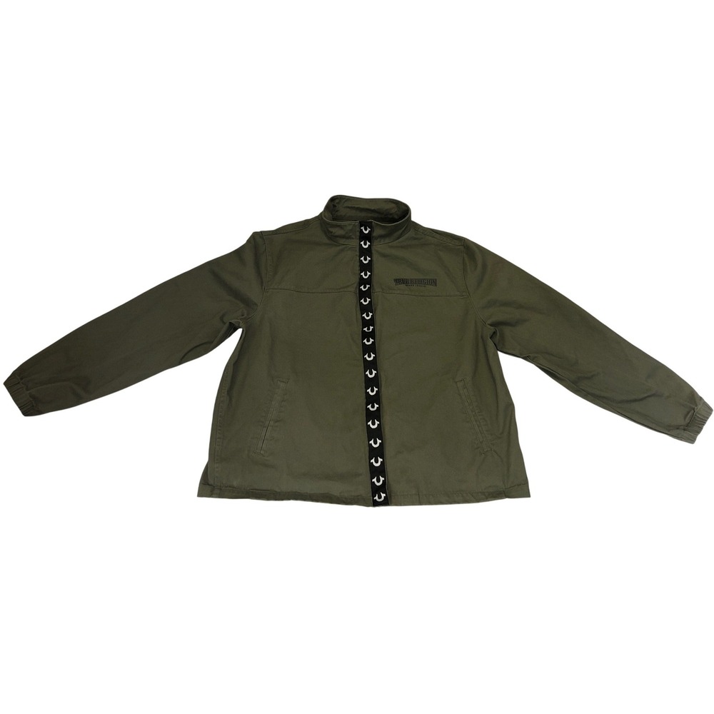 True Religion Mens Military Green HS Twill Jacket Buddha Graphic Full Zip Large
